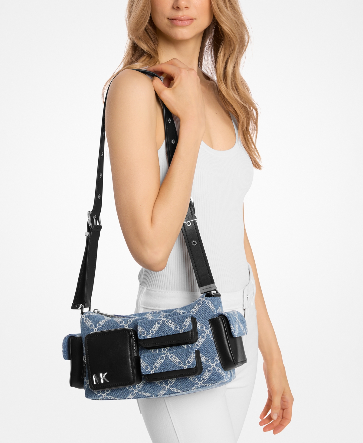 Shop Michael Kors Michael  Dakota Small Pocket Denim Shoulder Bag In Union Wash,black