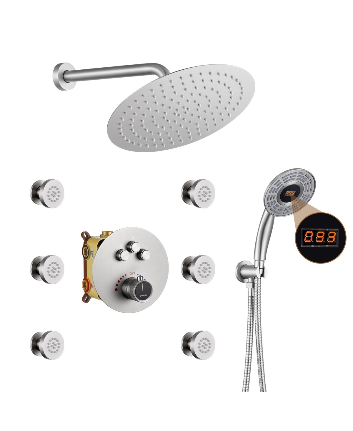 3-Function Luxury Shower Faucet Set Thermostatic Shower System with Side Body Spray Wall-Mounted Shower Head with Handheld Shower - Brushed nickel