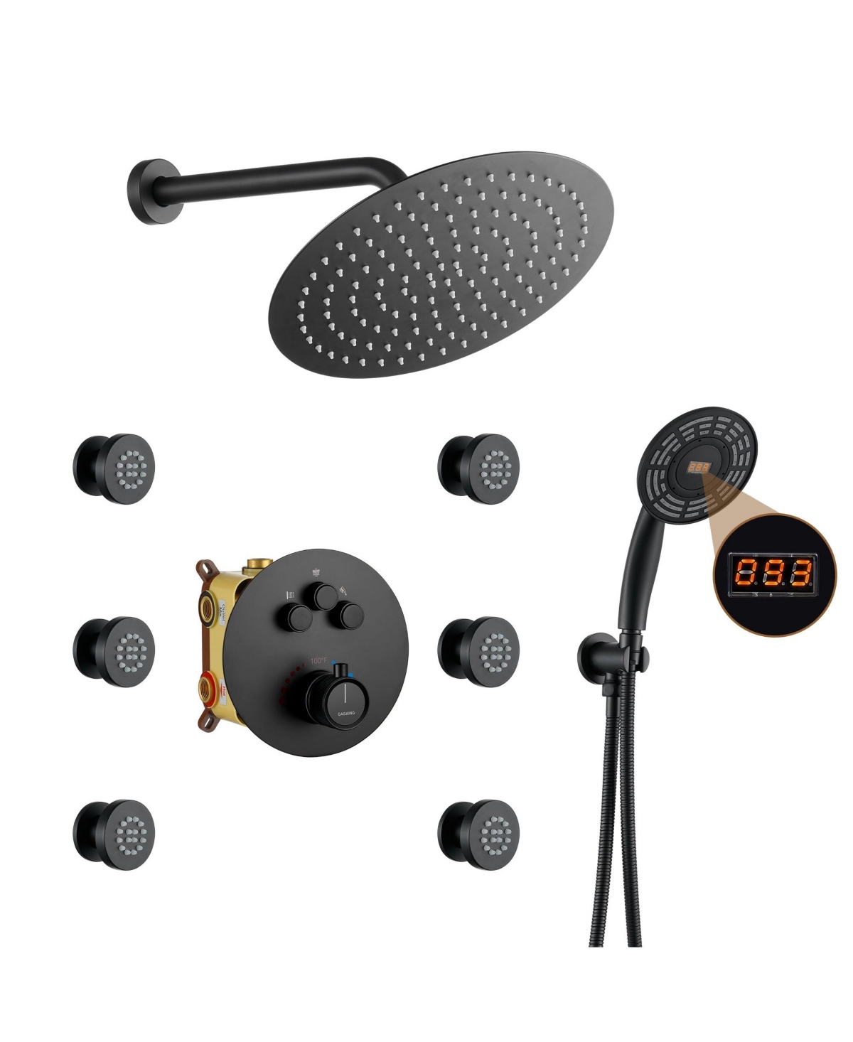 3-Function Luxury Shower Faucet Set Thermostatic Shower System with Side Body Spray Wall-Mounted Shower Head with Handheld Shower - Matte black