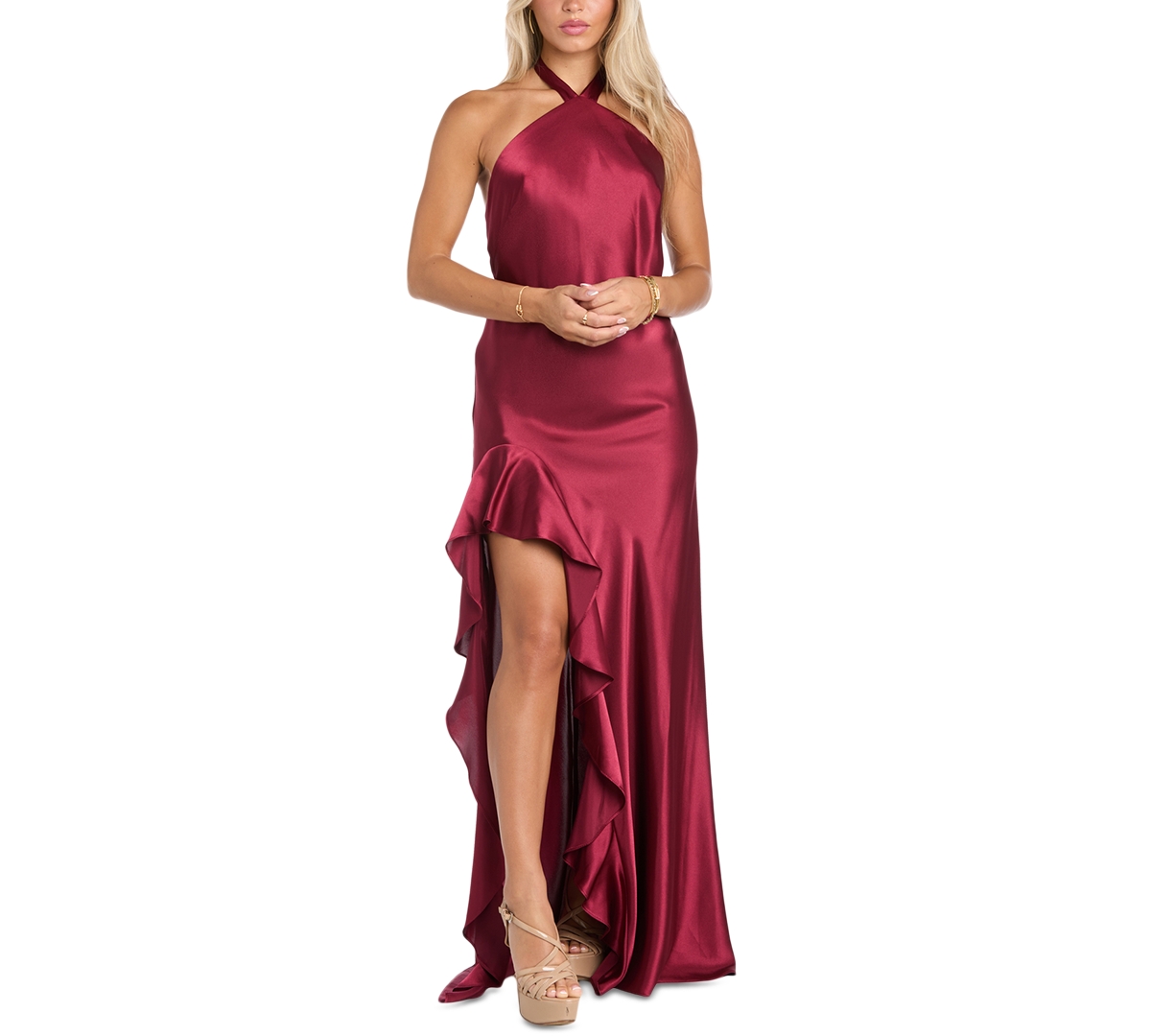 Morgan & Company Women's Strapless High-low Satin Gown In Wine