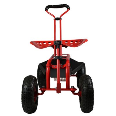 Garden Cart Rolling Scooter with Extendable Steering Handle - Swivel Seat and Utility Basket - Red
