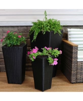 Decorative Square Polyrattan Basket-Style Planters - 9", 11.5", and 14.75" Square - Black - 3-Piece Set