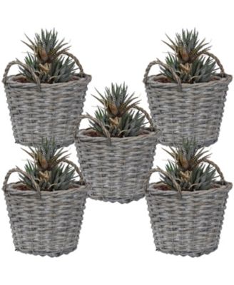 5-Piece Wicker Planter Basket Set with Handles - Plastic Lined Containers - For Indoor Use Only - Willow Wicker Construction with Steel Wire Frame - 8-Inch Diameter