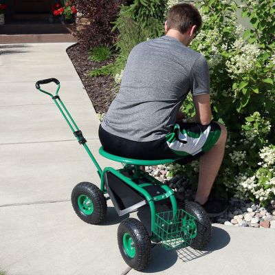 Garden Cart Rolling Scooter with Extendable Steering Handle - Swivel Seat and Utility Basket - Green