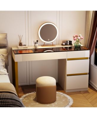 Vanity Desk: White & Gold Makeup Table with Glass Top, 4 Drawers & Visual Storage – Modern Dresser for Bedroom