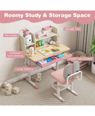 Kids Height Adjustable Children School Home Study Table and Chair Set with Tilted Desktop for 3-12 Years Old