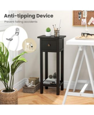 2 Tier Slim Nightstand Bedside Table with Drawer Shelf
