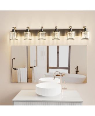 Black Crystal Bathroom Vanity Light Modern round shade, mirror glass design for over-mirror or shower lighting.