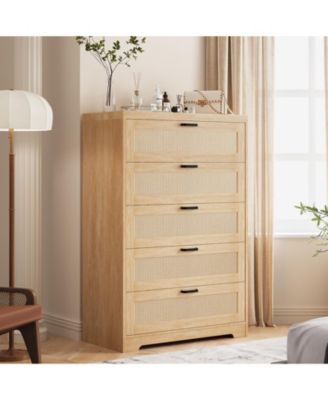 5 Drawer Rattan Dresser for Bedroom, 47.27” Tall Dresser with Power Outlets, Wood Dresser Chest of Drawers with Metal Handles for Living Room Closet Hallway Entryway
