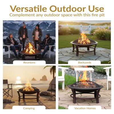 Outdoor Portable Camping or Backyard Elevated Round Fire Pit Bowl with Stand, Spark Screen, Wood Grate, and Log Poker - 29" - Bronze