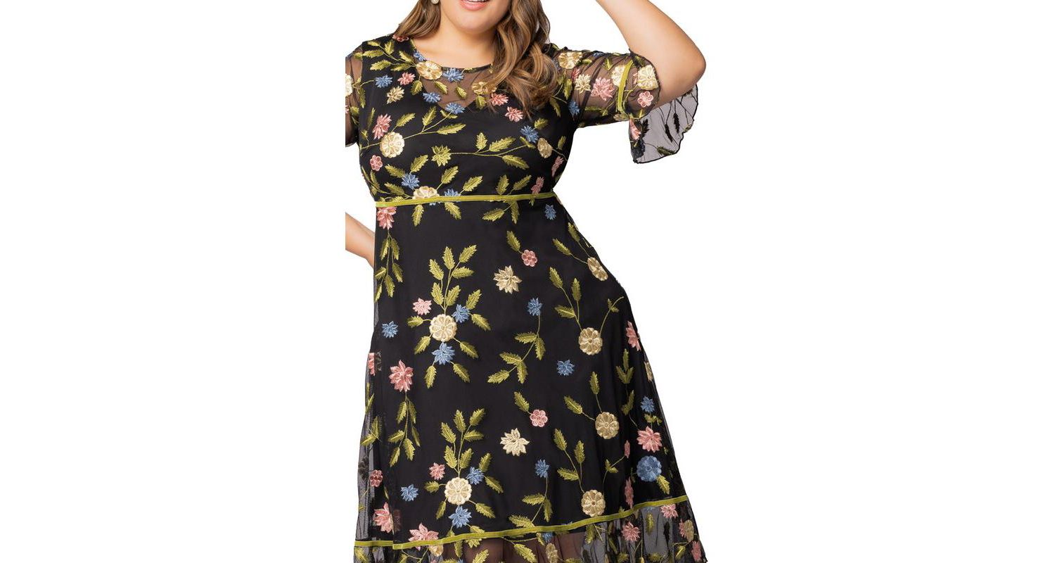 Plus Size Wildflower Embroidered Floral Mesh Cocktail Dress