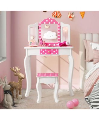 Kids Vanity Table and Stool Set with Cute Polka Dot Print