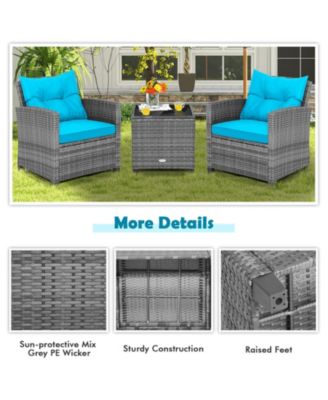 3 Pieces Outdoor Wicker Conversation Set with Tempered Glass Tabletop