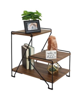 3-Tiered Steel Wire Indoor Accent Table with Faux Woodgrain Tabletops - 21” H - Brown