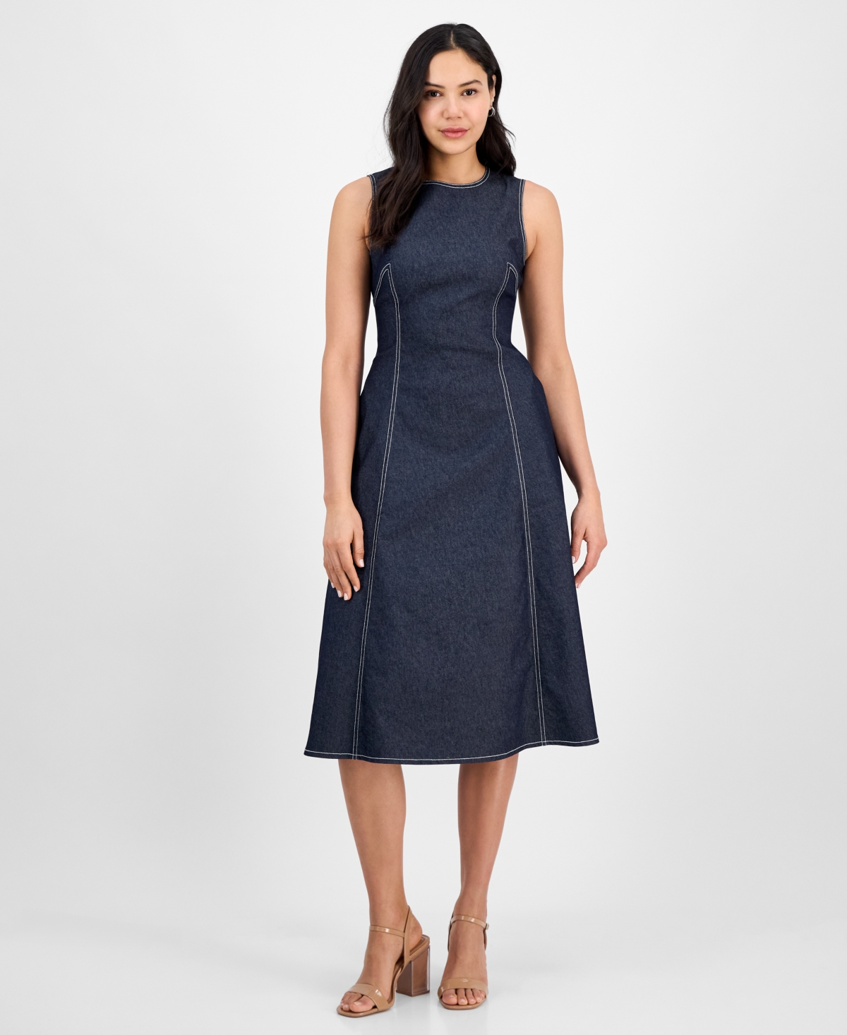 Shop Vince Camuto Women's Fit & Flare Cotton Denim Midi Dress In Navy