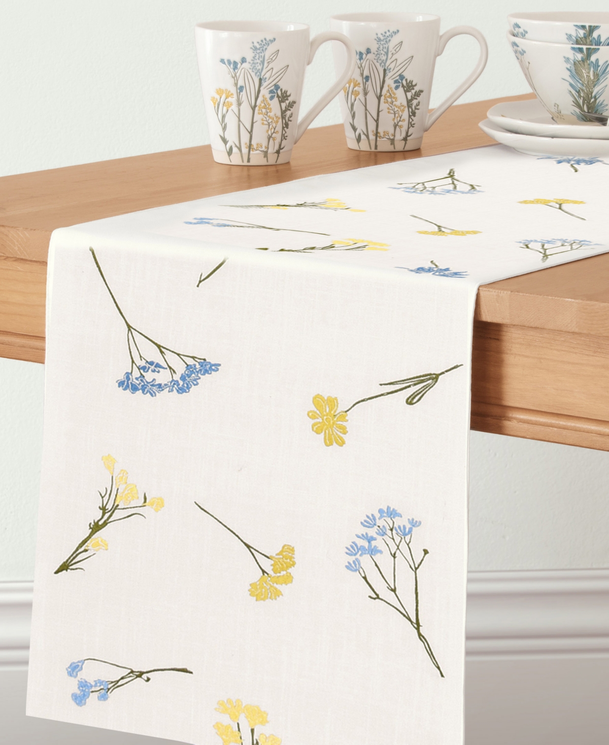 Lenox Wildflowers All-over Embroidered Runner, 14" X 90" In Blue,white