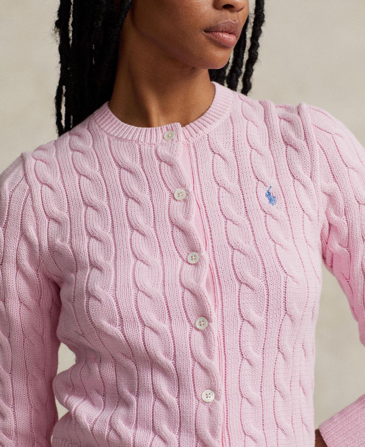 Shop Polo Ralph Lauren Women's Cable-knit Cotton Crewneck Cardigan Sweater In Carmel Pink
