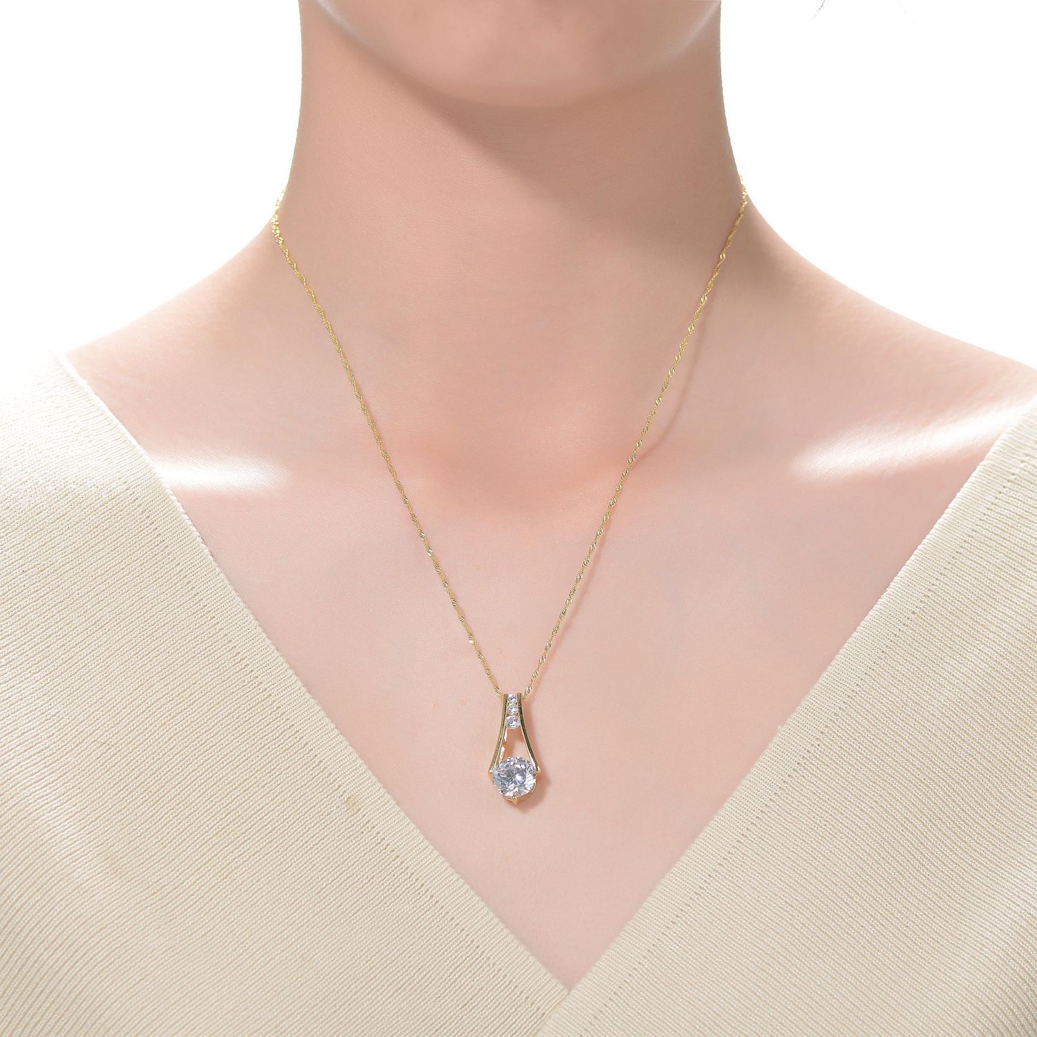 Sterling Plated and Clear Cubic Zirconia Round Spring Ring Pendant Necklace