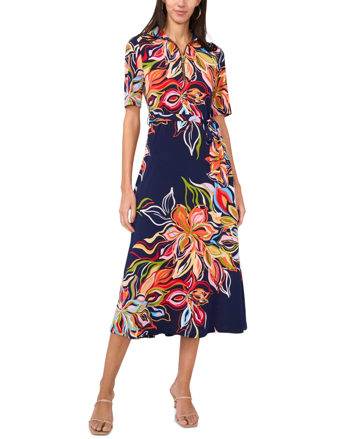 Women's Printed Short-Sleeve Tie-Waist Jersey Dress - Jbs Navy