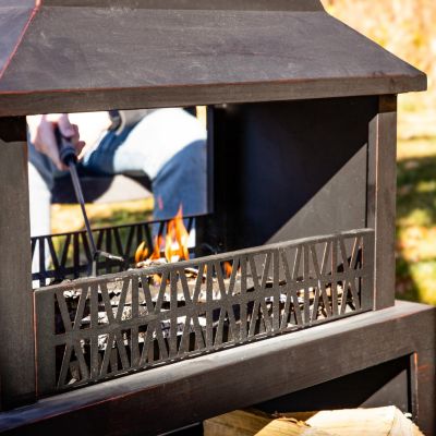 Backyard Blaze Heavy-Duty Steel Outdoor Fireplace - Built-In Log Storage and Protective Cover - 35-Inch H - Brushed Bronze