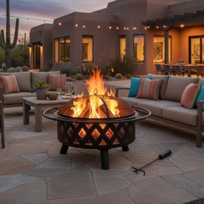 Outdoor Camping or Backyard Crossweave Cut Out Fire Pit with Spark Screen and Log Poker