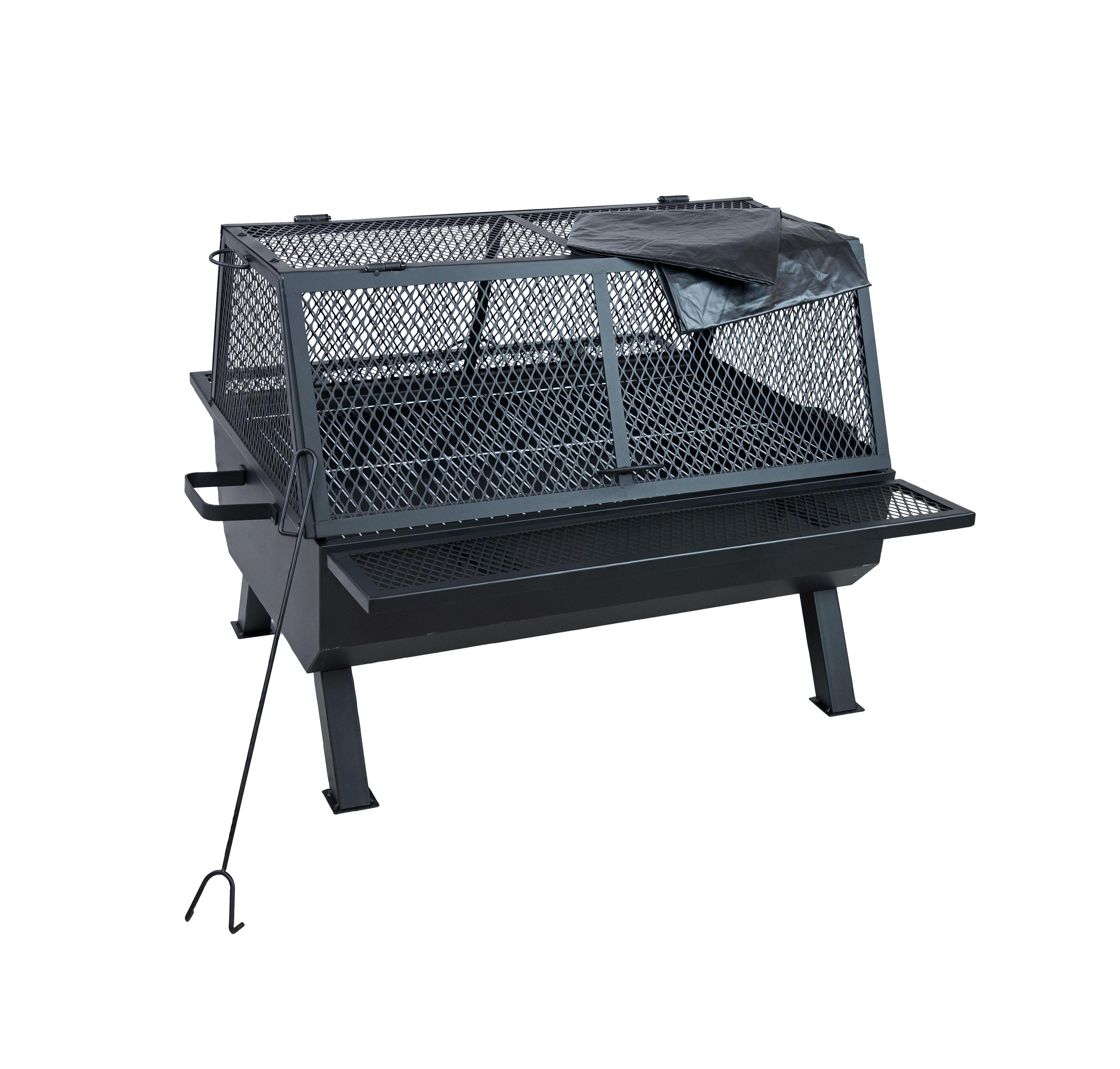 Steel Grilling Fire Pit with Mesh Spark Screen and Protective Pvc Cover - Black - 36." W x 32.5" D x 23.75" H