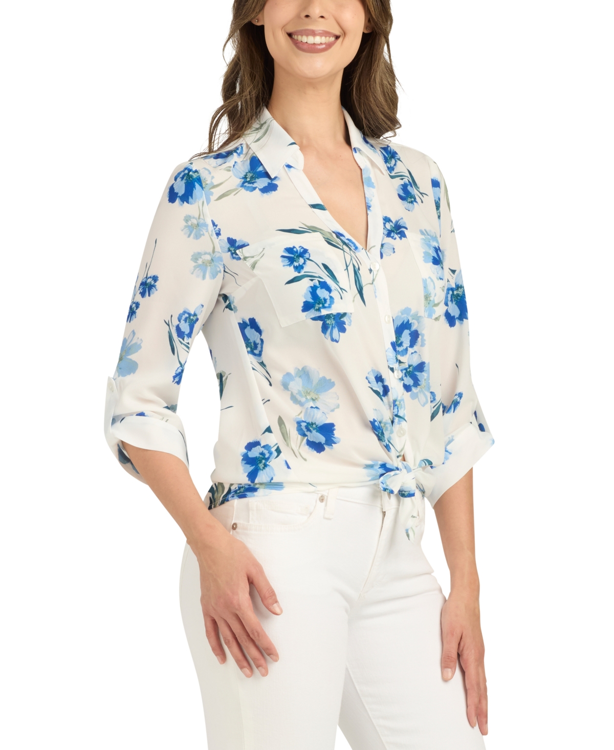 Bcx Juniors' Floral-print Long-sleeve Collared Shirt In White,blue Floral