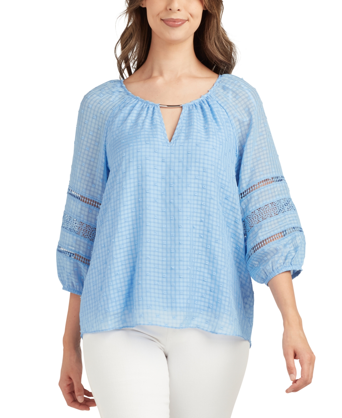 BCX JUNIORS' SWISS-DOT 3/4-SLEEVE CROCHETED-TRIM TOP 