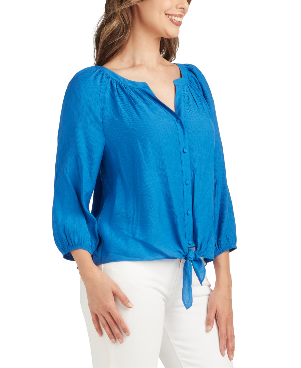 Bcx Juniors' Tie-hem 3/4-sleeve Crinkle-texture Blouse In Sapphire