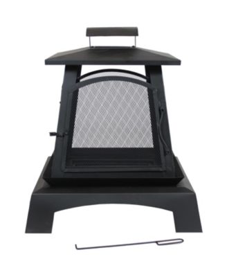 Outdoor Camping or Backyard Steel Pagoda Style Fire Pit with Log Poker and Wood Grate - 32" - Black