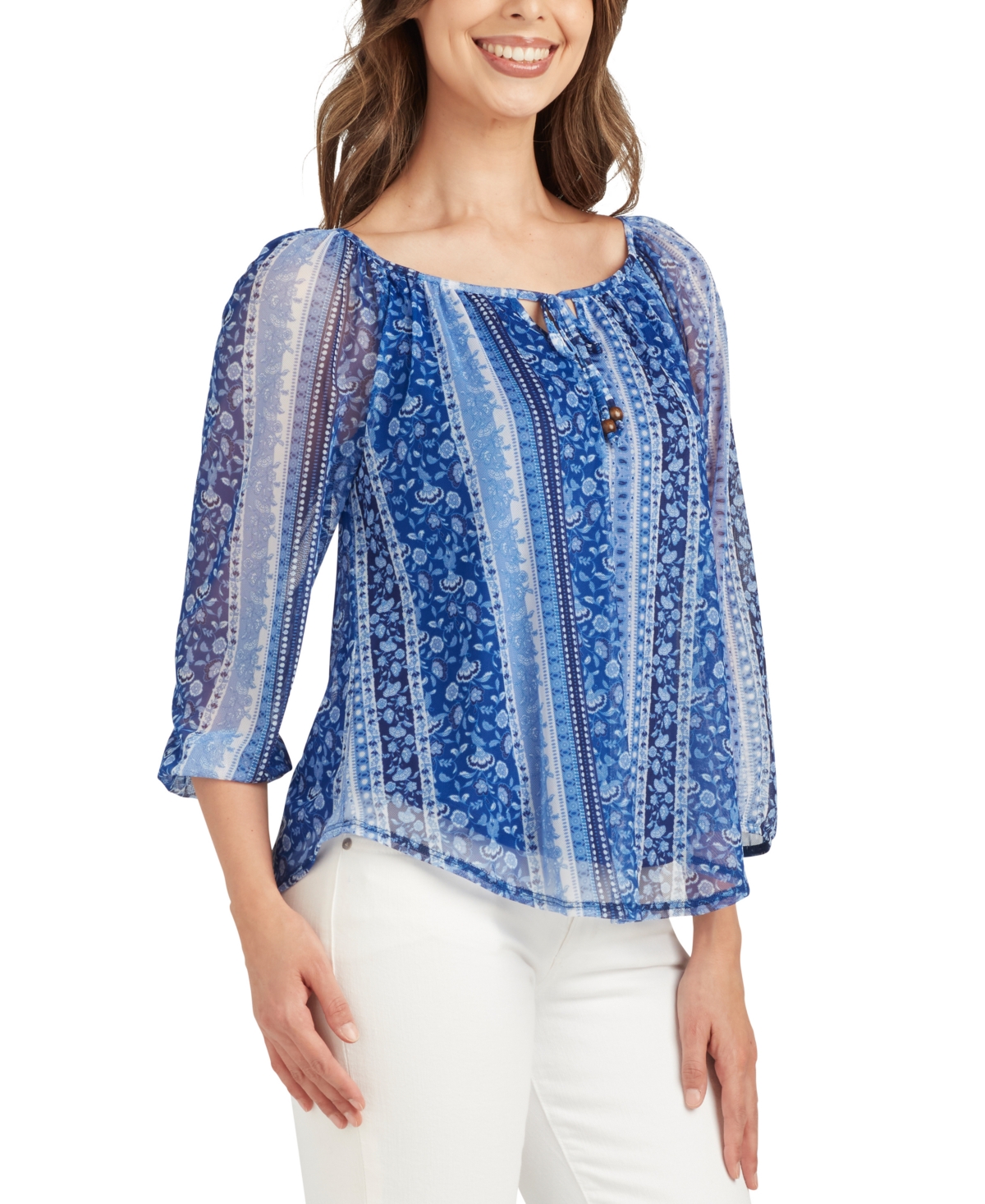 Bcx Juniors' Striped-print Tie-neck Mesh Top In Blue Print