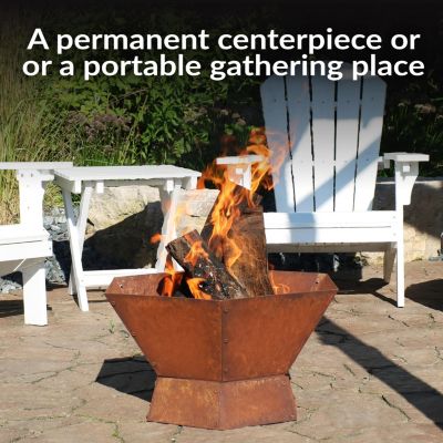 Outdoor Camping or Backyard Hexagon Rustic Affinity Fire Pit Bowl on Pedestal Stand - 23" - Oxidized Rust