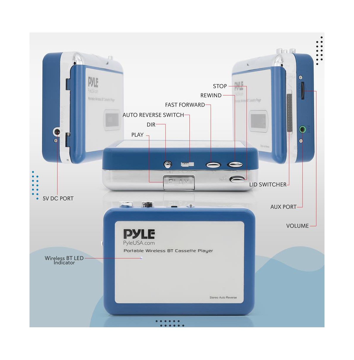 Pyle Portable Wireless Bluetooth Cassette Player with Auto-Reverse