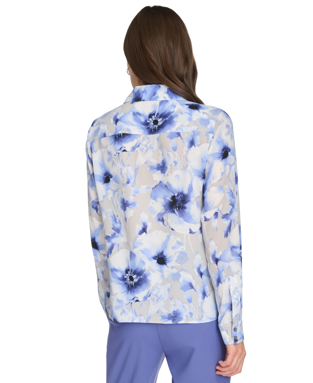 Calvin Klein Women's Printed Ruffle-collar Blouse In Spring Blue Multi