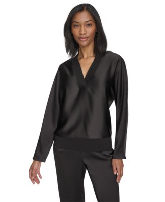 Halston - Women's Twill-Satin Ribbed V-Neck Blouse