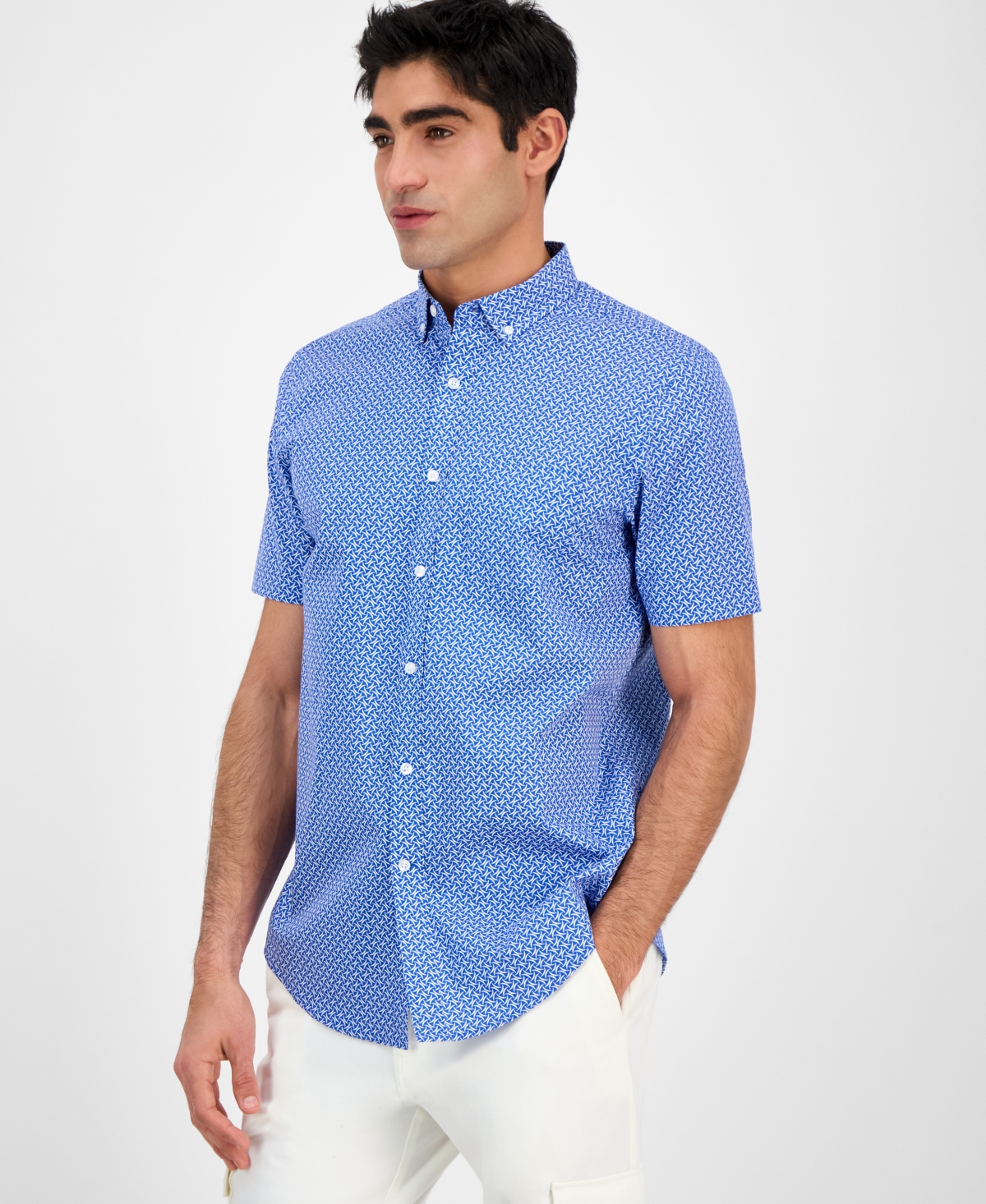 Men's Luna Regular-Fit Stretch Geo-Print Button-Down Poplin Shirt, Exclusively at Macy's - Cupid Blus