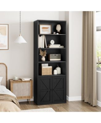Tall Bookcase with Doors, 4-Tier Wooden Bookshelf