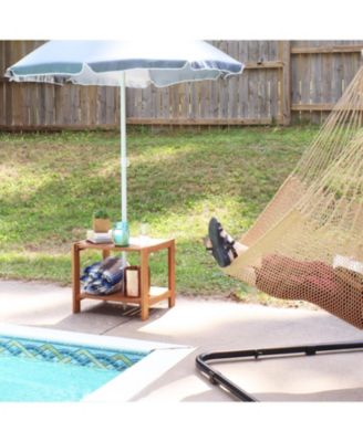 Outdoor Meranti Wood with Teak Oil Finish Wooden Patio Accent Side Table with Lower Shelf - 20" - Brown