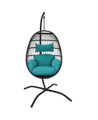 Dalia Resin Wicker Hanging Egg Chair with - Teal Polyester Cushions and Powder-Coated Steel Stand - 81 Inches H