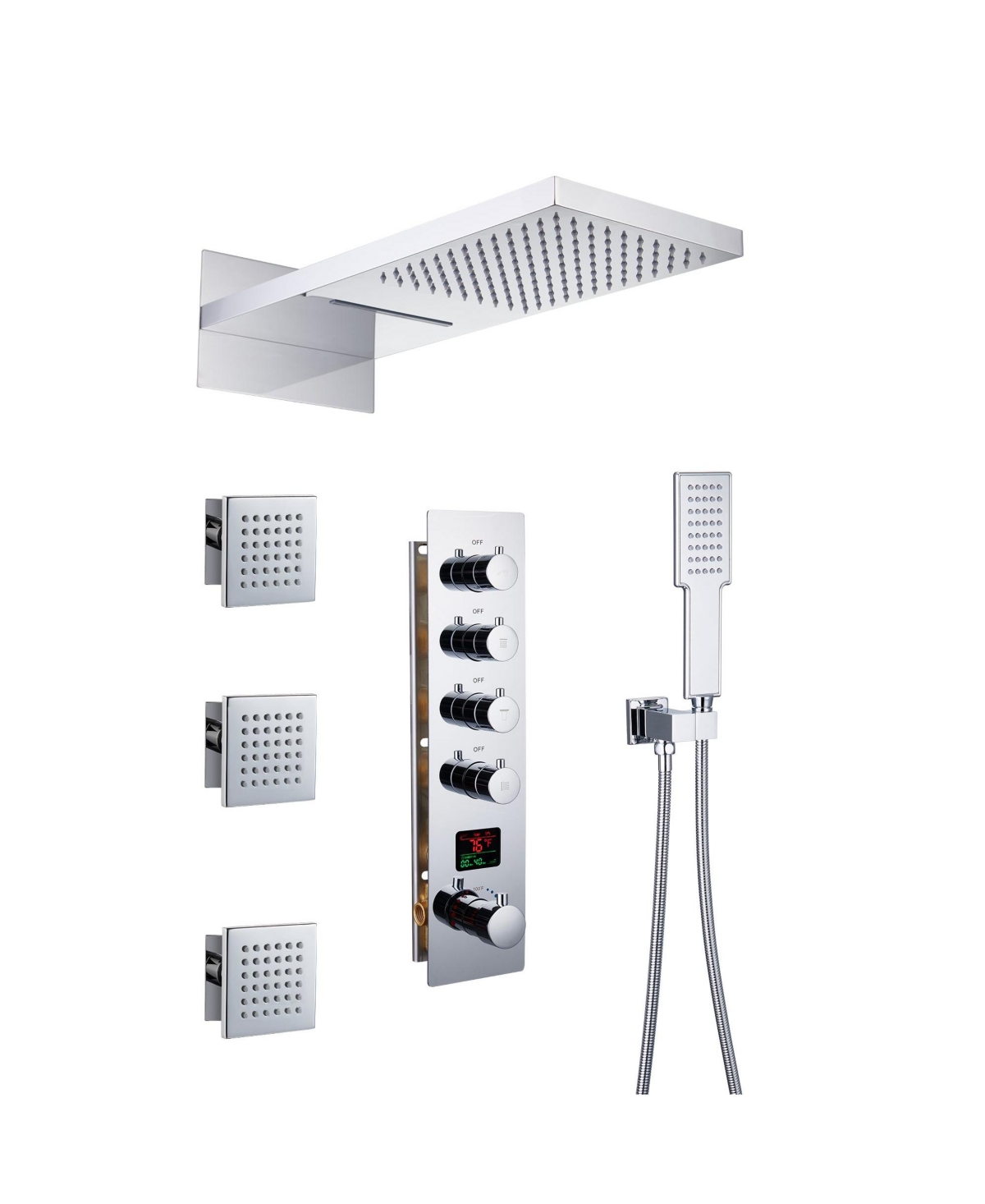 Chrome Luxury Temperature Thermostatic Shower System wtih Handheld Sprayer Wall Mount Rain Dual Shower Heads with 3 Body Jet - Chrome