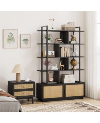 5 Tier Rattan Bookshelf with Storage Cabinet & Door