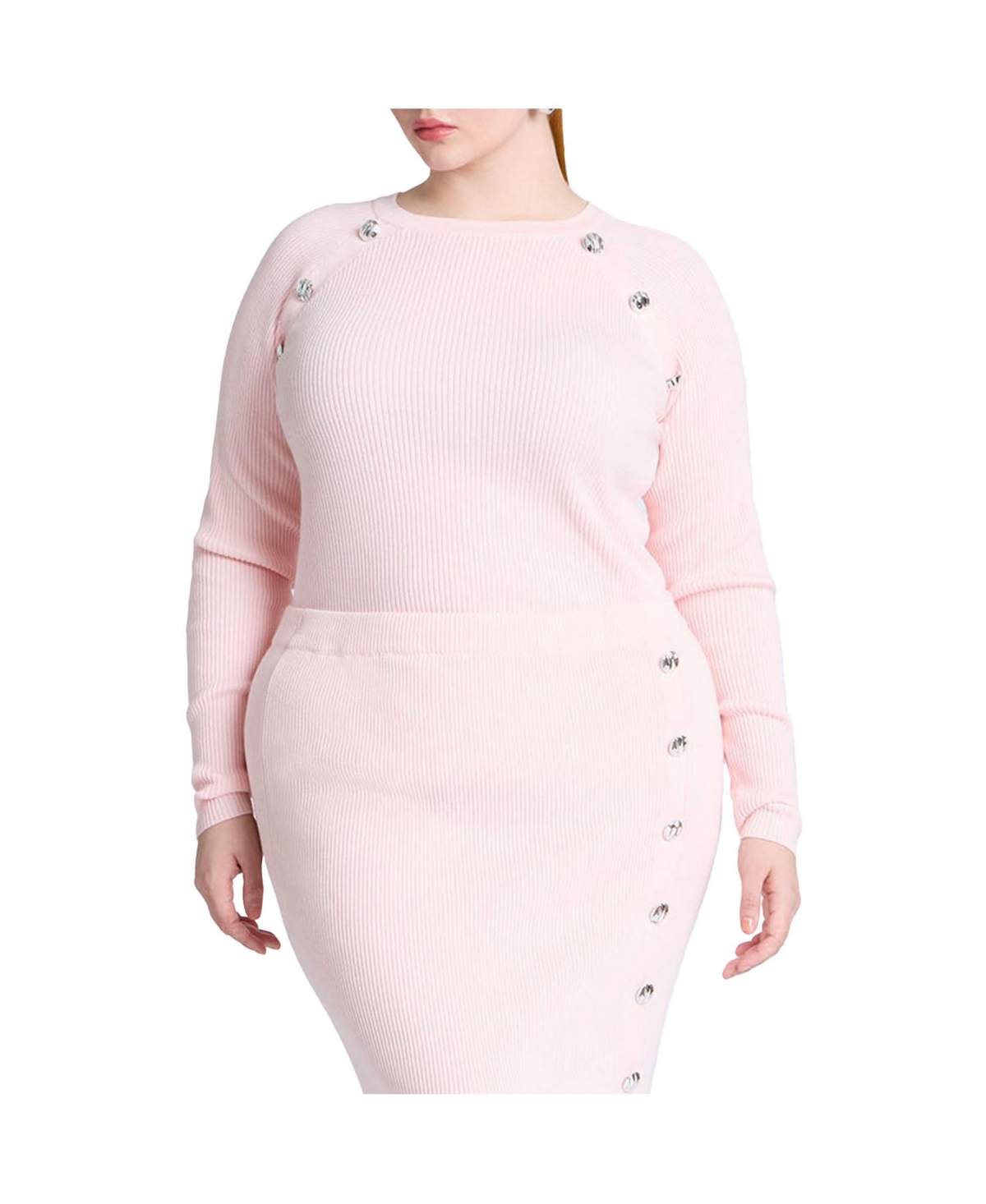 Plus Size Button Detail Ribbed Sweater - Pinkesque