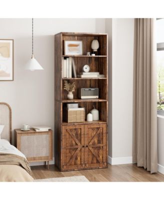 Tall Bookcase with Doors, 4-Tier Wooden Bookshelf
