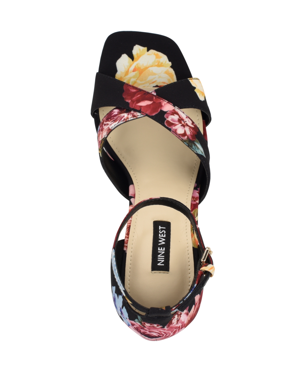 Nine West Vicky Ankle Strap Platform Sandal In Black Scattered Rose Multi