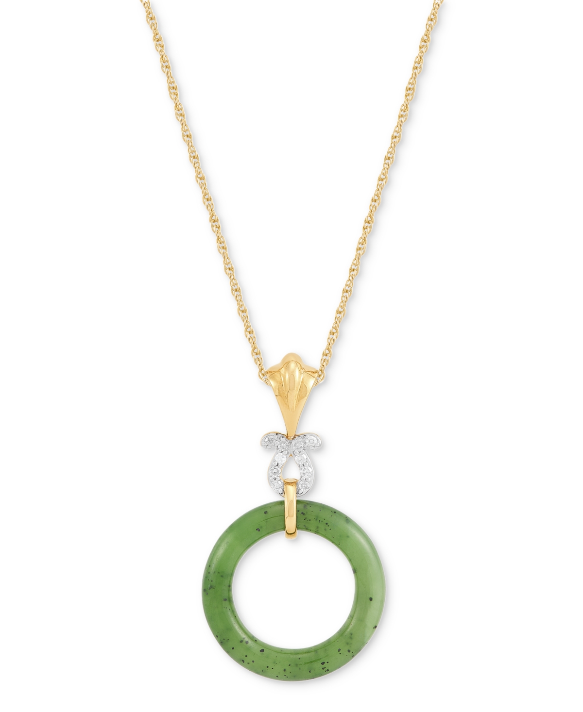 Shop Macy's Green Jade & Diamond Accent Pendant Necklace In 14k Gold Over Sterling Silver, 16" + 2" Extender In 14k Yellow Gold Over Sterling Silver