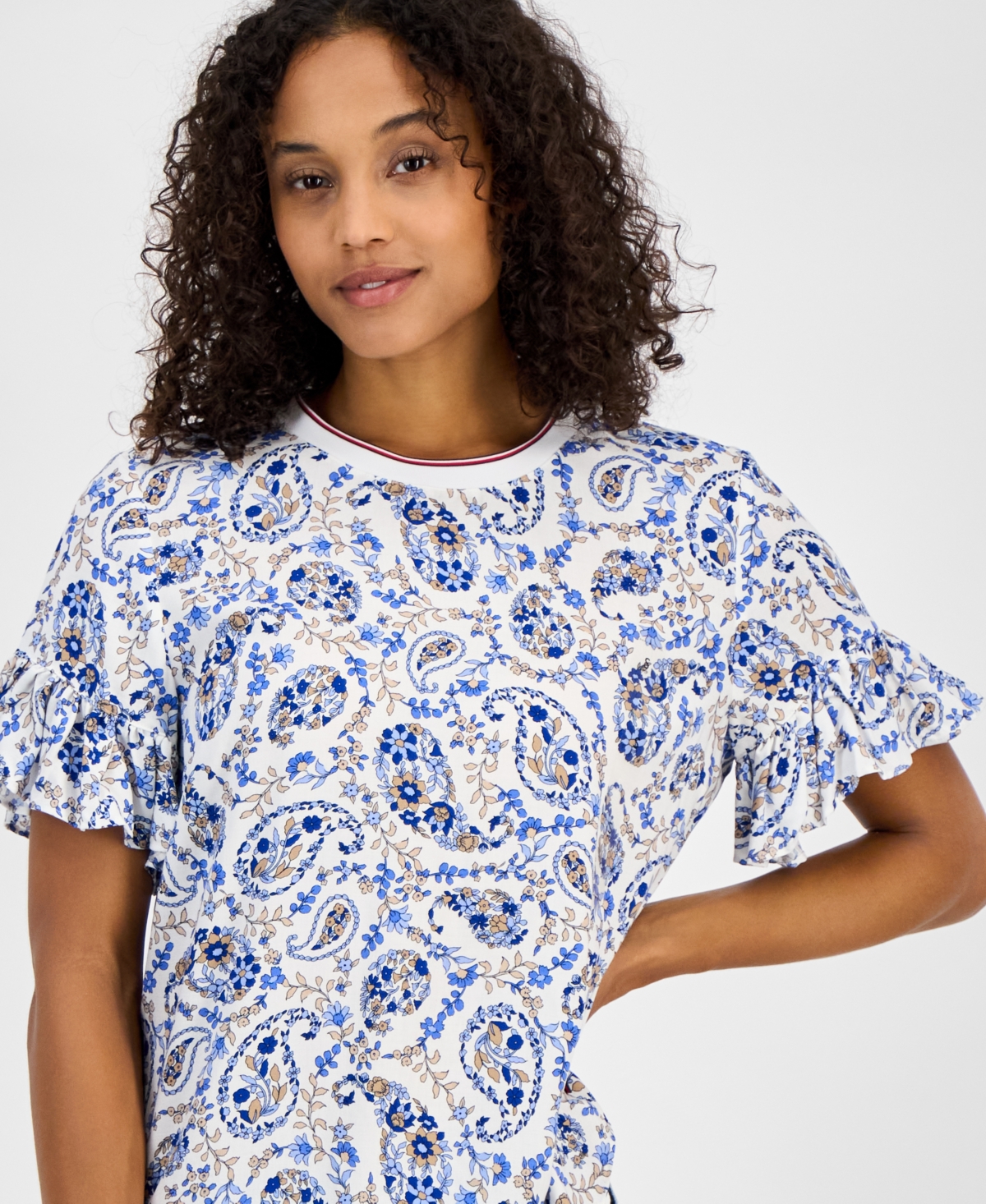 Tommy Hilfiger Women's Paisley-print Ruffle-sleeve Top In Blue