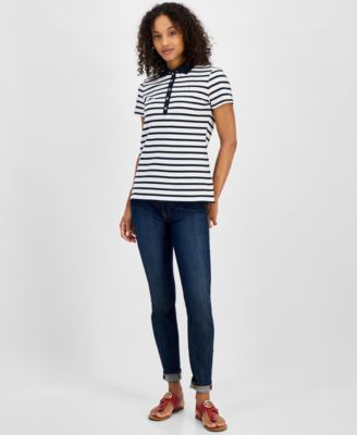 売れ筋商品|||トミー ヒルフィガー カットソー トップス レディース Women's Striped Short-Sleeve Polo Shirt Peony/bright White Tommy Hilfiger Women's Striped Short-sleeve Polo Shirt In