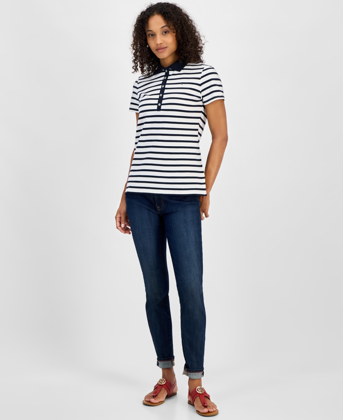 Tommy Hilfiger Women's Striped Short-sleeve Polo Shirt In Bright White,sky Captain