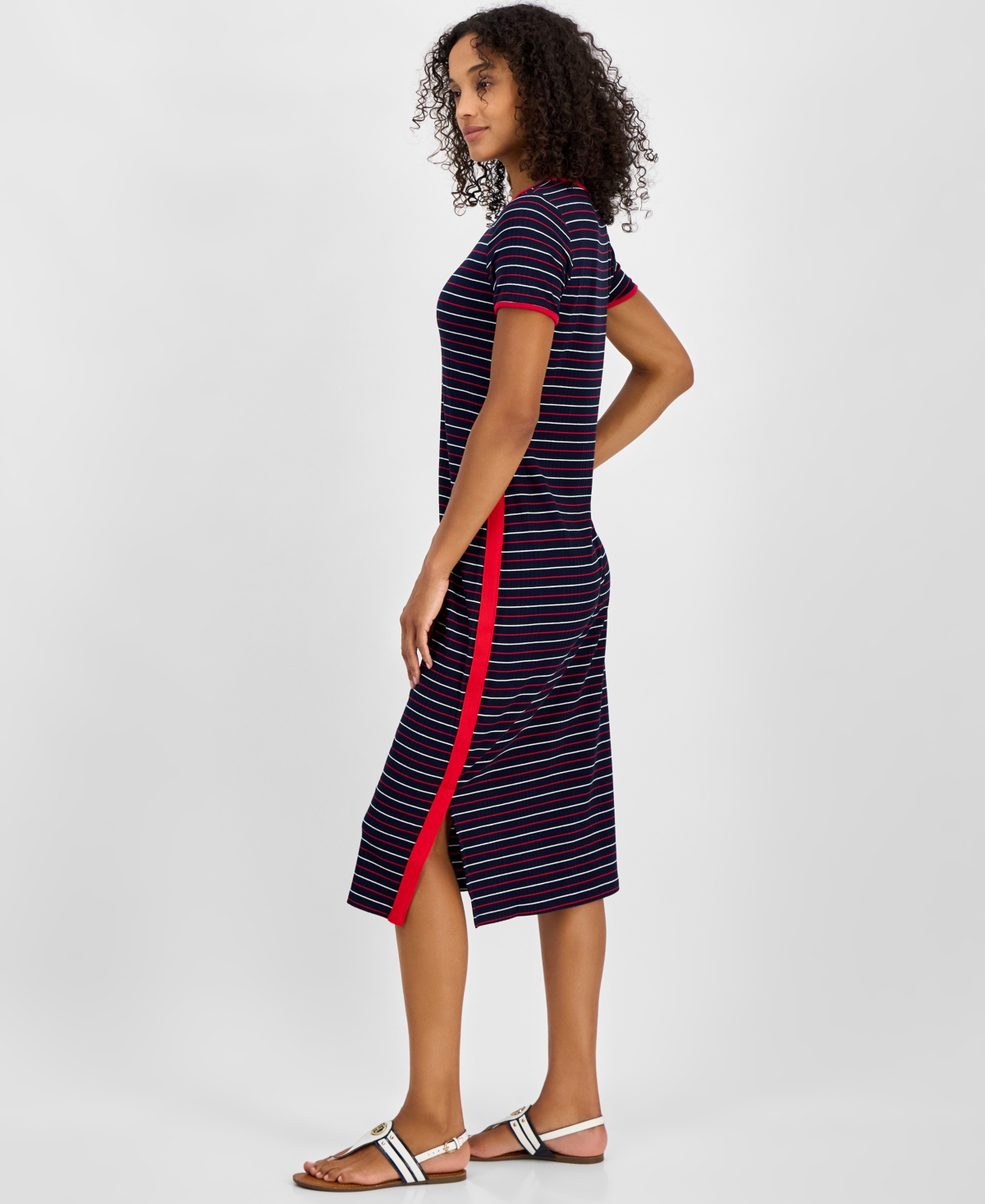 Tommy Hilfiger Women's Striped Short-sleeve Midi Dress In Sky Captain Multi