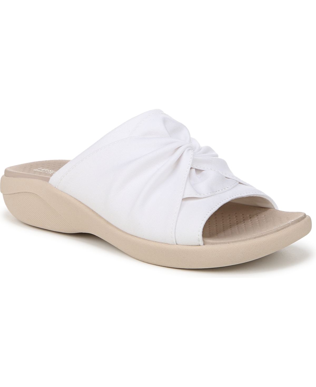 Bzees Women's Cherish Washable Peep Toe Slide Sandals In Bright White Stretch Fabric